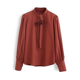 Detachable Flower Ribbon Buttoned Shirt in Caramel