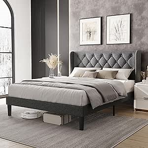LINSY Queen Bed Frame with Headboard, Linen Upholstered Bed Frame with Solid Wooden Slats Support, Heavy Duty Platform Bed Queen Size, NO Box Spring Needed, Noise-Free, Dark Grey