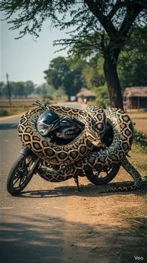 Giant Python Wrapped Around a Motorcycle 🐍🏍️ | Shocking Village Wildlife Moment #python #snake