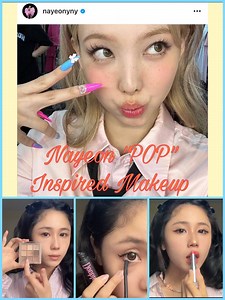 Nayeon's " POP" inspired makeup tutorial. Cosmetics List 1. Foundation: IT Cosmetic. 2. Concealer: Maybelline. 3. Facial Spray: Evian. 4. Powder: Airspun. 5. Eyeshadow: Naked, Dikalu. 6. Eyeliner: Innisfree, Suake. 7. Cheek: Bobbi Brown. 8. Lipstick: MAC( mull it over), 3ce( StreetLight). 9. Eyelens: Contact Lenses by MAY. 10.Mascara: Double Scoop (Hearty Heart) | Khin Yadana Kyaw - Elle