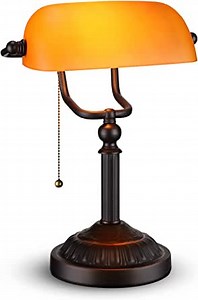 ESCENA Traditional Bankers Lamp, UL Listed, Antique Style Desk Lamp with Amber Glass Shade, Retro Bronze Base, Vintage Library Lamp with Pulling Chain, E26 Base, Table Light for Office, Study Room