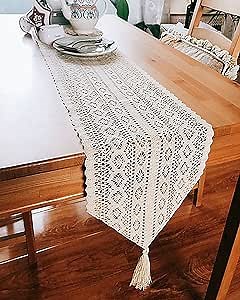 Table Runner 10 x 85 inches, Woven Cotton Crochet Lace Boho Table Runners with Tassels for Home Dining Table, Farmhouse Style Décor or Kitchen Dresser, Dining Tablecloths Home Decoration (10' x 85“)