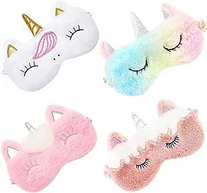 Sleep Mask, Sleep Mask for Kids, Plush Sleeping Eye Cover 4 Pieces, Cute Sleep Mask, Soft Plush Blindfold Cute for Kids Teens Girls Women (Unicorn Rainbow)
