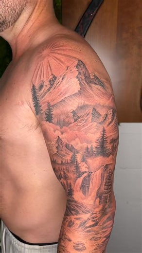 Mountain landscape sleeve 🏔️ #tatt #tattooideas #finelinetattoo #naturetattoo #latattooartist #tattooreveal | Just Invtattoos