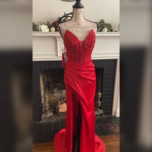 Beaded sexy red satin corset prom dress formal dress or evening gown