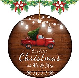First Christmas Engaged Ornament 2022-Red Truck Christmas Tree Ornament Decoration Mr&Mrs Newly Engaged Romantic Couples Engagement Gift