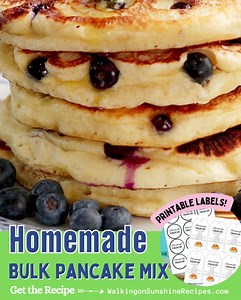 This is the homemade pancake mix I've been using for years and I finally made it into a post where you can make it in a large quantity to use for later...with FREE printable tags, labels, etc. Get the full recipe here --> https://walkingonsunshinerecipes.com/homemade-bulk-pancake-mix-recipe/ | Easy Family Recipes by Walking on Sunshine Blog