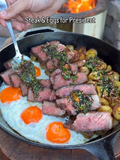 Grilled Steak with Crispy Green Chili Oil and Skillet Potatoes