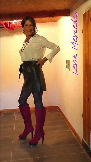 Crossdressing Lena Mercedes in leather skirt and high heels boots | Transvestite & Femboy