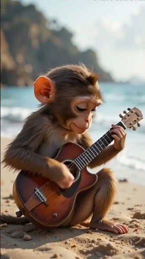 Monkey playing guitar 🐵🏖️#monkey #guitar #gitar #beach #viralvideo #foryou