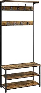 Yaheetech 3-in-1 Design Hall Tree Coat Rack Shoe Bench with 23 Hooks, Entryway Storage Shelf Bench with Metal Frame, Industrial Accent Furniture for Mudroom & Hallway, Easy Assembly, Rustic Brown