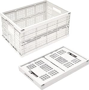 livinbox Collapsible Crate Plastic Storage Container for Groceries, Trunk and Farm, Folding and Stackable Storage Bin with Handles (27L, White)