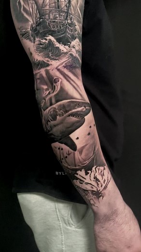 Incredible Black and Grey Sea Sleeve Tattoo by Josiah