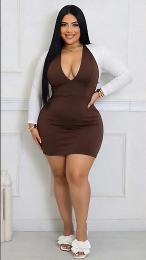 Plus Size Brown Deep V Mini Dress & White Cardigan | Chic Curvy Casual Glam Look 🤎🤍