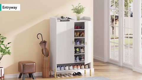 Tribesigns Shoe Cabinet Storage Entryway: Slim 6-Tier Shoe Organizer Cabinet with Adjustable Shelves, Freestanding Wood Shoe Rack with Doors for Entryway, Hallway, Living Room - White