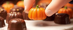 glamorized candy bar macro slider over marble display glossy chocolates and carved pumpkin bonbons with plush hands
