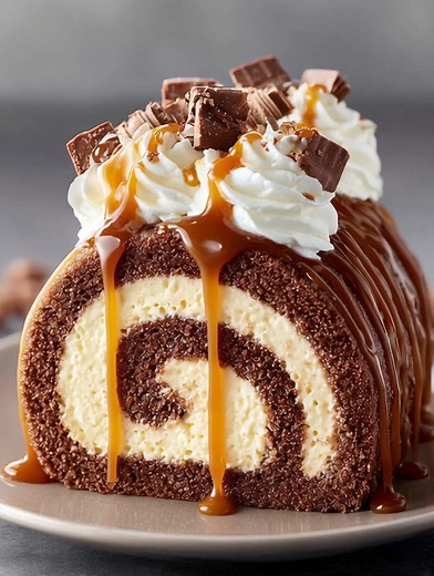 Caramel Mocha Swiss Roll A decadent chocolate sponge rolled with caramel cream and silky sauce drizzle. Yield: 8 slices | Temp: 350°F (175°C) | Time: 45 min Key Ingredients First: Eggs (4 large) Cocoa powder (1/4 cup) Heavy cream (1 cup) Caramel sauce (1/2 cup) ....................... FULLL Recipe in First Cօʍʍеոτ 👇 | YumThrive Recipes