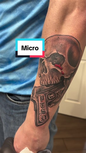 Tattoo by Micro at Burning Lotus Tattoo #skullandgun #tattoos