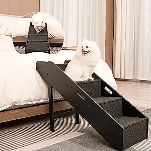 Dog Stairs, Pawque 2-1 Wooden Convertible Pet Ramp & Stairs for High Beds, Couch and Sofa, Side Rails, Climbing Aids, Non-Slip Fabric for Dogs Injured, Older Dogs Cats, Pet with Joint Pain, 3/4 Steps