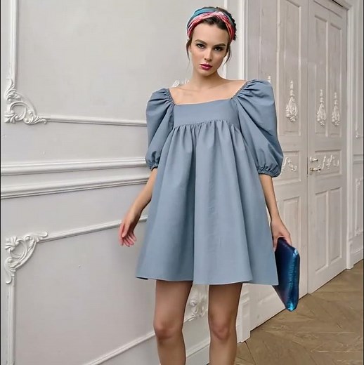 Elegant Square Collar Puff Short Sleeve High Waist A-Line Dress