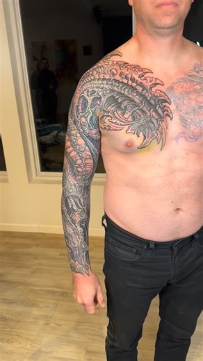 Guy Aitchison on Instagram: "Two days work completed on Adam’s massive sleeve/chest coverup. Check earlier posts to see the before shots. Dude sat like a champ, super fun! Made using @cheyenne_tattooequipment @rawpigments @monsterkreations As always, bring me your worst. I will cover anything. guyomech@gmail.com"
