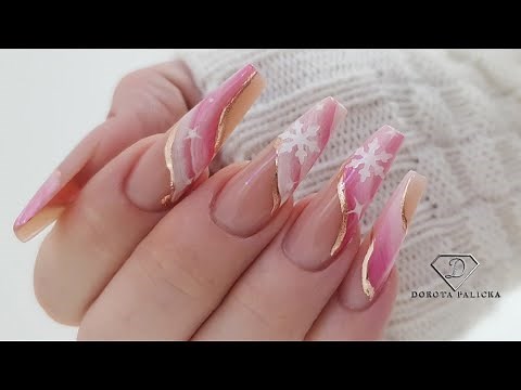 Doing my Christmas nails. Gel extensions on forms with snowflakes nail art. Ombre french nails.