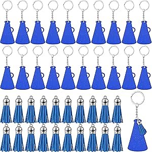 Cunno 20 Sets Cheer Keychain Bulk Cheer Gifts for Team Acrylic Megaphone Keychains with Tassel Cheerleader Cheerleading Gift(Blue)