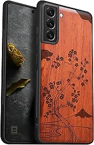 Carveit Wood Case for Galaxy S22 Case [Natural Wood & Black Soft TPU] Shockproof Protective Cover Wooden Design Compatible with Samsung S22 (Cherry Blossom with Mount Fuji-Rosy)
