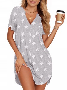 UVN Nightgown for Women Short Sleeve Sleepshirt Ladies V-Neck Sleepwear Soft Pajama Dress