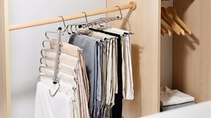 Pants Hangers Space Saving - 4 Pack 5-Tier Stainless Steel Jean Closet Organizer, Anti-Slip Clothing Storage Rack, Multifunctional Clothes Hanger Holder for Trouser Skirt Scarf Slack Legging