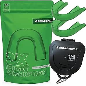 Delta Dental Athletic Sports Mouth Guard - ADA Accepted - 2X The Impact Absorption of Traditional mouthguards for Contact Sports - Works with Braces (Adult, Green) 2 Pack
