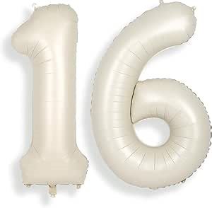 SUWEN 40 Inch Cream White Large 16 Number Balloons Big Foil Helium Number Balloons 0-9 Jumbo Happy 16th Mylar Birthday Party Decorations for Boy or Girl 61 Anniversary Party Supplies