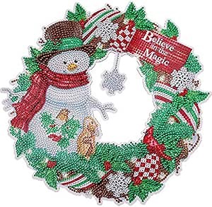 Snowman DIY Christmas Diamond Painting Wreaths for Front Door, 5D Special Shaped Rhinestones Xmas Wreath Diamond Painting Kits for Adults, for Stick On Door Wall Window Decoration