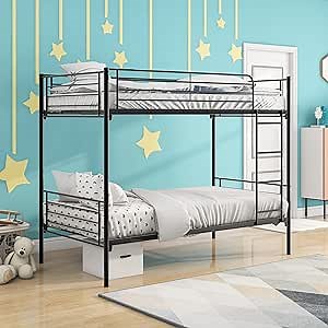 HAUSHECK Metal Bunk Bed Twin Over Twin Size, Bunk Beds Frame with Safety Guard Rail & Sturdy Ladder for Kids Teens Adults, Space-Saving, No Box Spring Needed, Matte Black