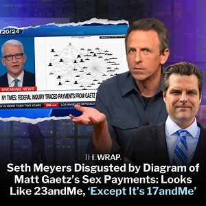 Matt Gaetz’s sexual misconduct was a pretty complicated web, according to a chart obtained by the New York Times this week — a chart that had Seth Meyers shuddering. Read more: https://www.thewrap.com/matt-gaetz-payments-diagram-seth-meyers-reaction/ | TheWrap