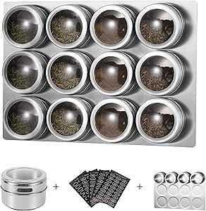 12 Magnetic Spice Tins with Spice Racks Wall Mount & 120 Spice Labels, Storage Magnet Spice Containers, Clear Lid with Sift and Pour(Spices Not Included)(silver)