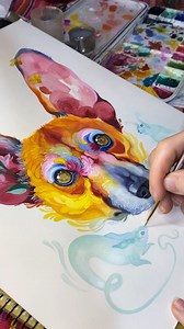 Watch this adorable, colorful ad oh so delightful doggo painting come to life! Gouache and watercolor painting by Kit Mizeres @kitmizeresart #beautifulbizarre #contemporaryart #surrealart #artcollectors #artmagazine #watercolor #kitmizeresart #artinspo #dogart #paintinginspo | Beautiful Bizarre Magazine