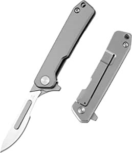OLITANS T014 Flipper Folding Scalpel Knife with 10pcs #24 Blades, Titanium Handle with Frame Lock, EDC Utility Keychain Pocket Knives with pants clip