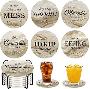 Funny Rustic Coasters Set of 6 with Holder - Absorbent Ceramic Coasters for Drinks, Gag Gifts for Adults