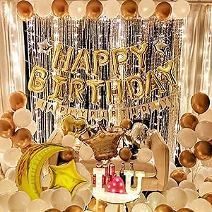 GoGoGoodie Birthday Party Decorations for Adult - Golden Theme Luxurious Lighting Party Supplies Including Happy Birthday Balloons, Birthday Banner, Tassel Curtain and Light String Total 70 Pcs