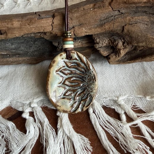 Sunflower Necklace. Hand Carved Ceramic Necklace With Accent Beads. - Etsy