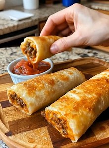 Recette de bâtonnets de tacos au fromage Ingrédients : 450 g de bœuf haché 1 sachet d’assaisonnement pour tacos 1 tube de pâte à pizza Pillsbury 5 bâtonnets de Colby Jack et de cheddar, coupés en deux 4 cuillères à soupe de beurre fondu 1 cuillère à café de poudre d’ail 1 cuillère à café de persil séché Instructions : Préchauffer le four à 200 °C et recouvrir une plaque de cuisson de papier sulfurisé. Dans une poêle, faire dorer le bœuf haché à feu moyen. Égoutter l’excédent de gras. Ajouter l’a