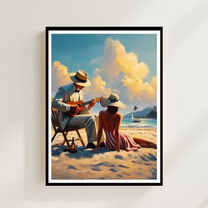 Romantic Couple Beach Print: Ukulele Music, Nostalgic Art