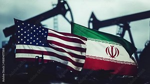 flags of the usa and iran against the backdrop of operating oil pump jacks at twilight visualizing the impact of oil production on international politics and economy
