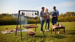 Campfire Swing Grill Stand Adjustable Grill Cooking Stand Hanging Rack with 8 Hooks and Accessories Campfire Cooking Equipment for BBQ Picnic Outdoor Party