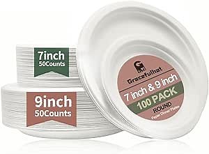 Chinette Paper Plates Dinner for 50 Guests | 7 inch Paper Plates & 50 Pcs 9 inch Disposable Plates | Total: 100 Pcs | White | Uncoated | Biodegradable | Compostable | Chinet paper plates dinner