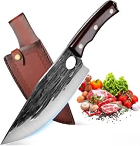 ROCOCO Butcher Knife, Sharp Meat Cleaver Hand Forged Boning Knife High Carbon Steel Viking Knife Japanese Chef Kitchen Knife with Leather Sheath Restaurant BBQ grill outdoor Camping Gift Idea