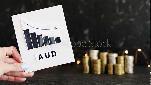currency exchange rate, graph showing negative growth with AUD AUstralian Dollar text in front of stacks of coins