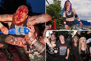Hardcore wrestlers beat each other bloody in ultra-violent 'death matches'