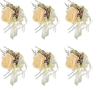 6 PCS Rose Wrist Corsage for Bridesmaid, Mother of Bride and Groom Corsage, Girl Prom Flowers, Wedding Ceremony, Anniversary, Homecoming, Bridal Shower(Champagne)